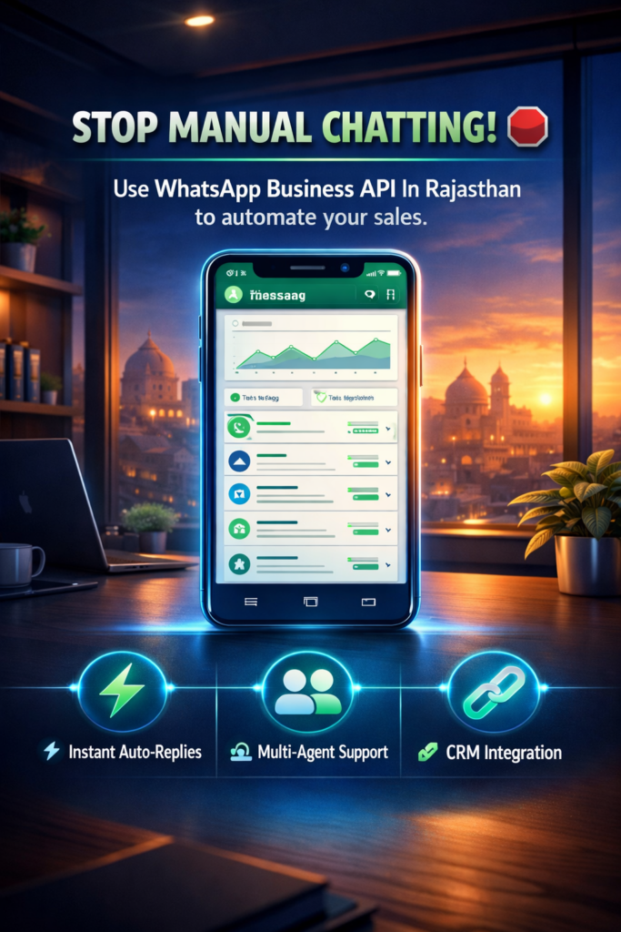Professional dashboard showing WhatsApp Business API In Rajasthan with features like AI chatbots, multi-agent support, and CRM integration for business automation.